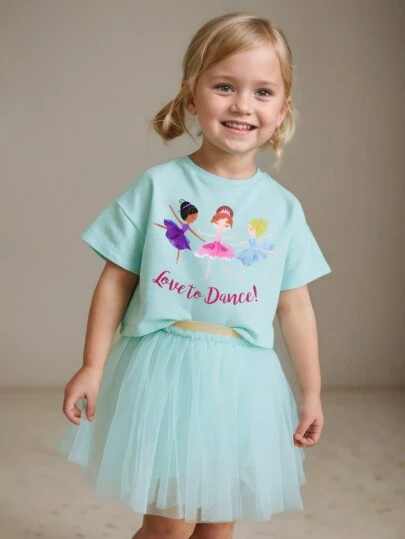 2pcs Set Girls Cute Short Sleeve Round Neck Mesh Tulle Skirt And Ballet Dancer Pattern Knit Top, Suitable For Party And Gift