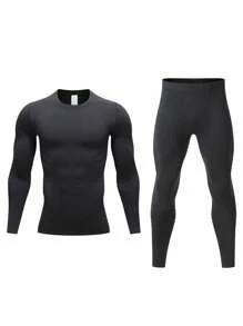男士黑色保暖内衣圆领抓绒套装，修身舒适，冬季防寒保暖，户外滑雪居家皆宜，弹性面料，秋冬礼物之选