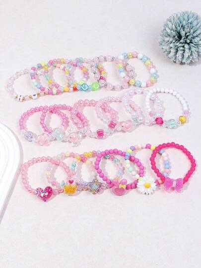 6件/18件可爱皇冠、花朵、心形串珠手链珠饰套装，儿童彩色串珠手链，适合节日派对、生日礼物，颜色随机