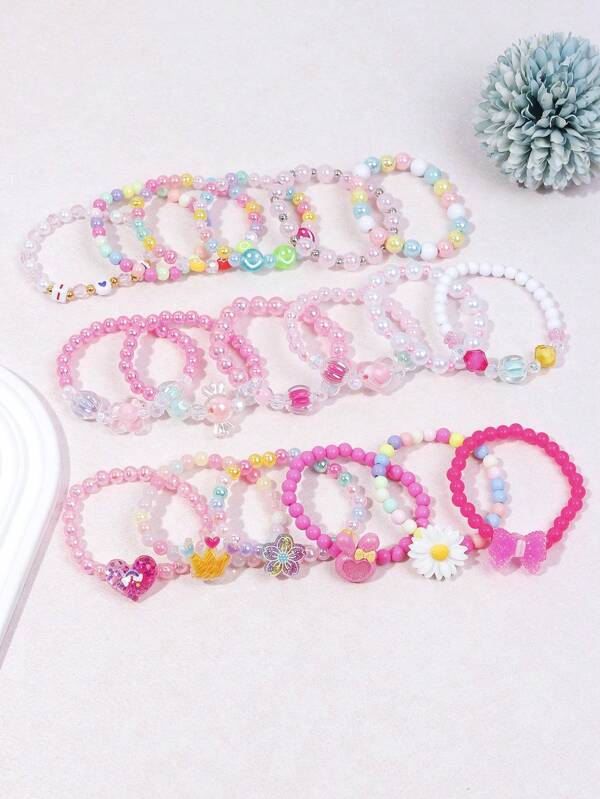 6pcs/18pcs Crown, Flower, Heart Beaded Charm Bracelet Set, Colorful Jewelry Accessories Gift For Holiday Party Birthday, Assorted Colors