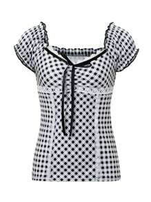 Women Y2k Plaid Lace Trim Shirt Top Fairycore Tie Front V Neck Short Sleeve Slim Fit Gingham T Shirts Crop Tops Vintage Aesthetic Tee Top Teen Girls Grunge Going Out Tops Casual Daily Streetwear - 黑與白 - 查看 4