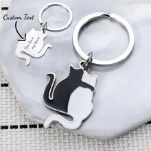 定制激光雕刻剪影猫钥匙扣，Ins 韩国日式黑白钥匙圈情侣包包吊坠配饰