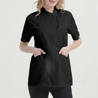 Women's Solid Color Half-Placket Two-Button Kitchen/ Scrub Uniform Top