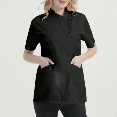 Women's Solid Color Half-Placket Two-Button Kitchen/ Scrub Uniform Top Spring Black