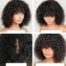 2x1 Kinky Curly Human Hair Wigs Short Bob Wig With Bangs 2x1 HD Lace Glueless Wigs Curly Bob Wigs For Women Natural Color 180% Density Natural Black - Natural Black - 查看 7