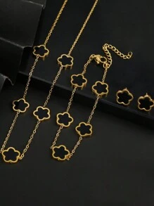 4 件套女士不锈钢五瓣花项链、手链、耳环首饰套装