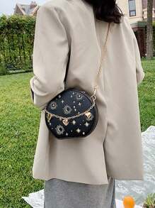Bolso de mano mini retro de mujer con patrón personalizado de estrellas y lunas, bolso de mano con cadena con forma de corazón, bolso de hombro y bandolera con bordado estilo francés
