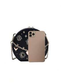 Bolso de mano mini retro de mujer con patrón personalizado de estrellas y lunas, bolso de mano con cadena con forma de corazón, bolso de hombro y bandolera con bordado estilo francés