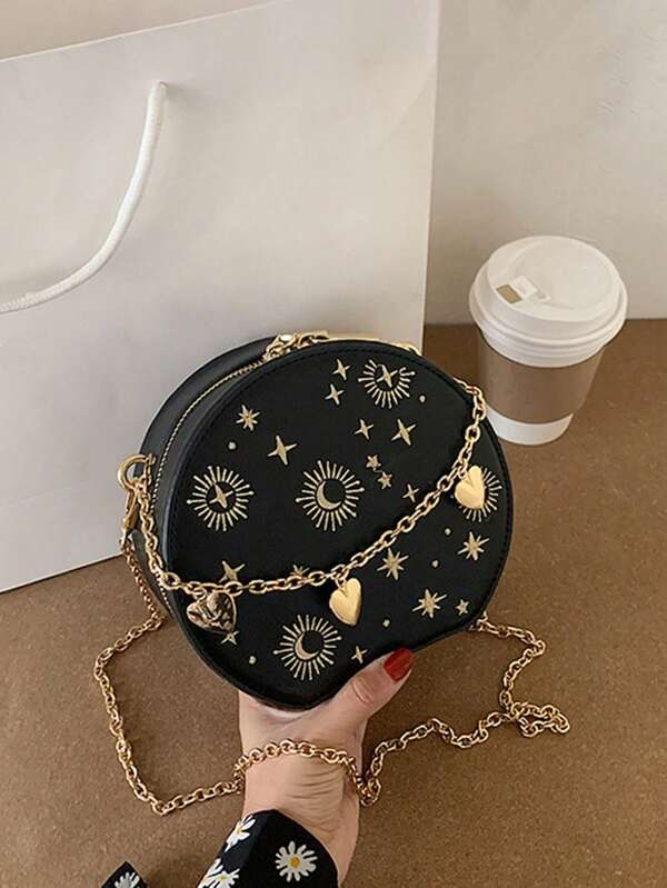 Bolso de mano mini retro de mujer con patrón personalizado de estrellas y lunas, bolso de mano con cadena con forma de corazón, bolso de hombro y bandolera con bordado estilo francés