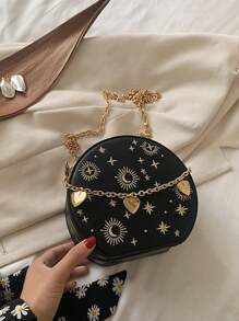 Bolso de mano mini retro de mujer con patrón personalizado de estrellas y lunas, bolso de mano con cadena con forma de corazón, bolso de hombro y bandolera con bordado estilo francés