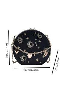 Bolso de mano mini retro de mujer con patrón personalizado de estrellas y lunas, bolso de mano con cadena con forma de corazón, bolso de hombro y bandolera con bordado estilo francés