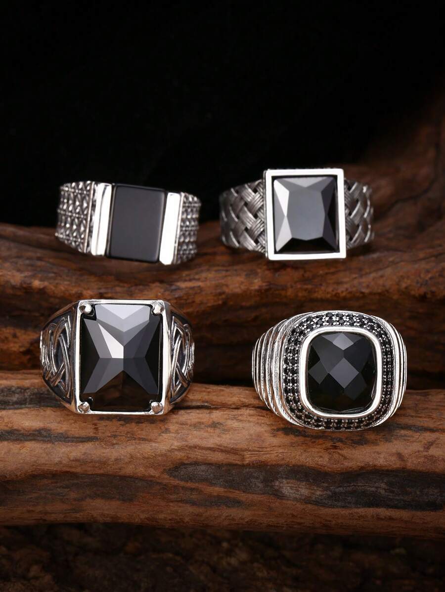 1 件 925 纯银复古个性化黑玛瑙锆石可调节编织戒指，适合男士日常佩戴 - 復古銀色 - 查看 1