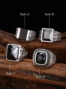 1 件 925 纯银复古个性化黑玛瑙锆石可调节编织戒指，适合男士日常佩戴 - 復古銀色 - 查看 2