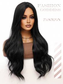 clouder Black Long Hair Wavy Synthetic Wig Women's Natural Black Hair Wig Center Parted Bangs Heat Resistant Wig Synthetic Fiber Daily Party Use Elegant Fashion Wig 34 Inch - Black - View 5