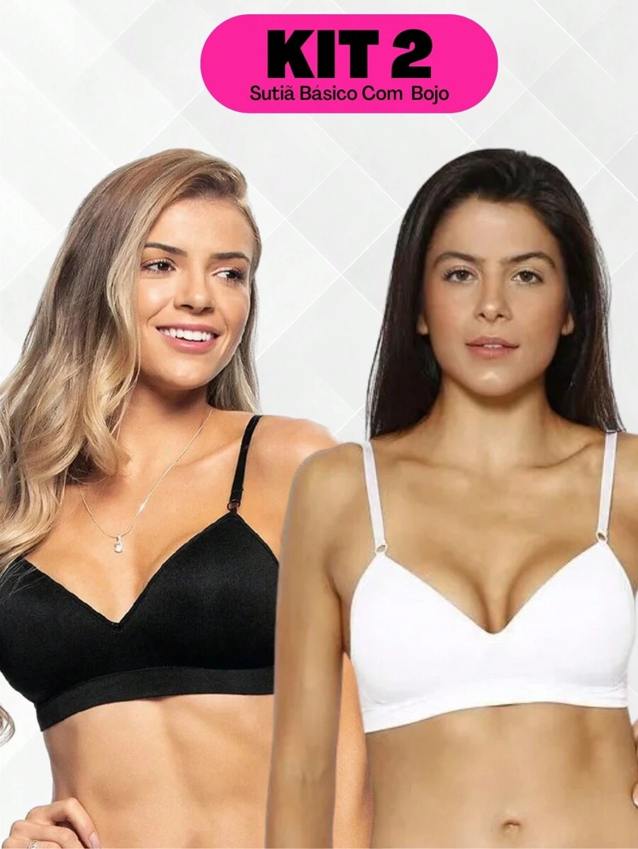 Kit 2 - Wire-Free Adjustable Thin Strap Fixed Cup Bra - Black and White - View 1