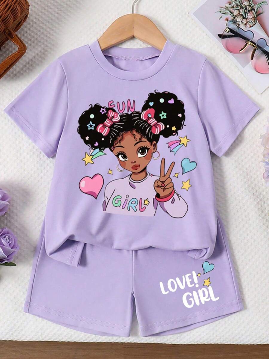 Tween Girls Cartoon Graphic Print Short Sleeve T-Shirt And Shorts Set - Purple - View 1