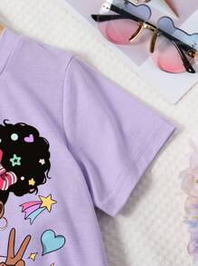 Tween Girls Cartoon Graphic Print Short Sleeve T-Shirt And Shorts Set - Purple - View 3