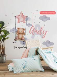 1pc Customizable Your Name Swinging Bear With Stars Wall Sticker, Removable For Bedroom, Living Room, Kids Room Decor,Multi-Functional, ,Ornamental,Reusable,Exquisite,Stylish,High-Quality,Colorful,Modern,Custom,Personalized,Unique,Ideal Gifts For Him,Ideal Gifts For Her,Boyfriend,Dad,Girlfriend,Mom,Family,Friends,Tea Room,Home,Garden,Office,For Anniversaries,For Valentine's Day,For Mother's Day,For Birthdays,For Father's Day,For Graduation,For Weddings,For Housewarming,Home Refresh