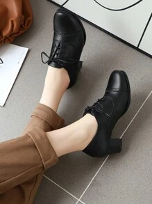 Women's Chunky Lace Up Vintage Oxfords Dress Pumps Round Toe Block Mid Heels Retro Brogues Shoes