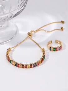 方晶鋯石裝飾手環和戒指 - 銀色 - 查看 5