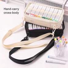 1pc Marker Organizer Bag, Holds 64 Markers + Drawing Book, Multilayer Organizer Bag, Pen Not Included, Crossbody Or Shoulder, Suitable For Home, School And Office