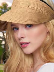 1 pieza Visera de sol de paja de moda para mujer Sombrero de ala ancha enrollable y plegable para playa de verano