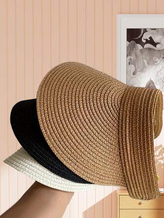 1 件装时尚草编遮阳帽女士宽边帽可卷起折叠夏季沙滩遮阳帽可调节