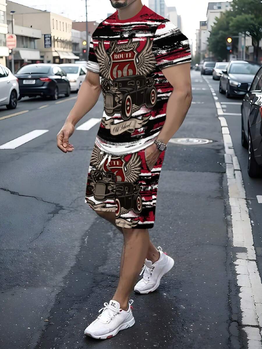Two-Piece Antique Car Route 66 Printed European And American Men's Short Sleeve Shorts Suit - Multicolor - View 1
