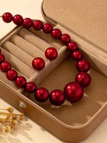 Luxurious & Elegant Faux Pearl Earrings And Necklace Jewelry Set, Suitable For Daily & Formal Wear And Gifting - Red - View 3