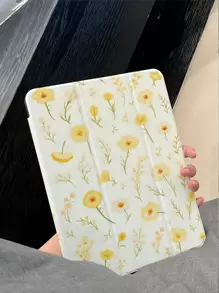 1 件透明亚克力多角度可折叠平板平板电脑保护套，别致可爱的黄色花卉印花，简约时尚的三折保护套，带笔槽，睡眠/唤醒功能，兼容 iPad/Tab - 黃色 - 查看 1