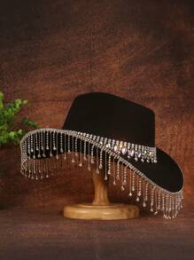 1 szt. Czapka z frędzlami z kryształkami, modna czapka typu fedora w jednolitym kolorze, filcowy kapelusz kowbojski na imprezę