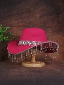 1 szt. Czapka z frędzlami z kryształkami, modna czapka typu fedora w jednolitym kolorze, filcowy kapelusz kowbojski na imprezę