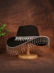 1 szt. Czapka z frędzlami z kryształkami, modna czapka typu fedora w jednolitym kolorze, filcowy kapelusz kowbojski na imprezę