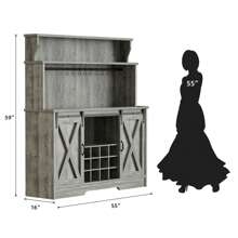 55'' Farmhouse Coffee Bar Cabinet With 3 Tier Storage Hutch, Coffee Bar Station With Sliding Barn Door, Hutch Storage Cabinet With 12 Wine Racks & 9 Hooks For Kitchen Dining Living Room