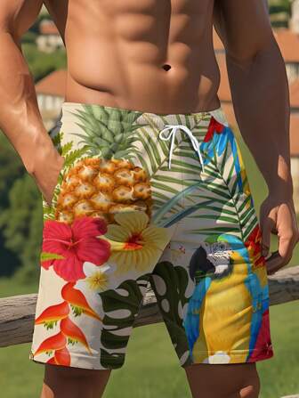 Summer Loose Fit Men Suitable For Outdoor Sports, Comfortable And Diverse Casual Shorts, Fashionable Patterns, Versatile And Sports,Hawaiian