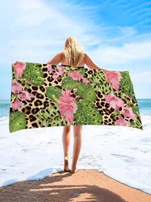 1pc Floral Greenery Leopard Print Beach Towel, Super Soft Microfiber Extra Large Beach Blanket,Highly Absorbent Bath Towel,Suitable For Travel,Swimming Pool,Diving,Surfing,Yoga,Camping,Available In Adult And Ren Sizes, Beach Accessories Summer Travel, Vacation Holiday Bathroom Decor Beach Essentials