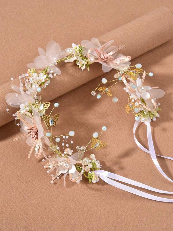 1PC Fairy Style Headwear,Baroque Floral Crown Wreath Fashion Colorful Flower Decor Hairband, Exquisite Beads Butterfly Shaped Ornament Hairband Bridal Wedding Hair Accessories