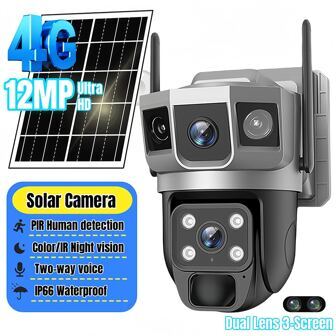 1 PC 12MP HD 1080P, 4G SIM Card Outdoor And Indoor Security Smart Home Camera, Dual Lens Triple Image , Wireless 4G SIM Card Solar Powered Camera, Smart Outdoor Indoor Pan/Tilt IP Surveillance Camera, Low Power Consumption