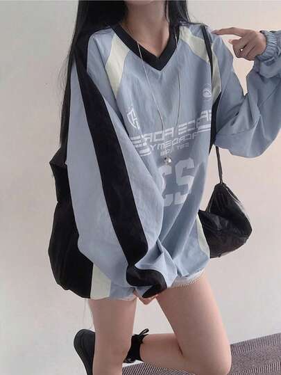 Vintage Letter Colorblock Loose V-Neck Long Sleeve Casual Top