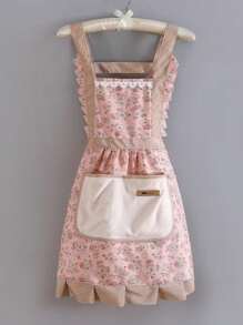 1 pieza Delantal de limpieza con estampado floral country, delantal vintage floral para cocina de mujer para adultos, delantal con volantes de estampado floral, para cocina, baño, decoración del hogar