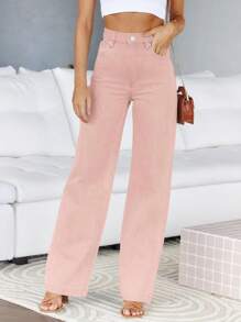 PiePieBuy女士高腰牛仔褲男友風寬鬆直筒休閒牛仔褲 - 淺粉色 - 查看 1