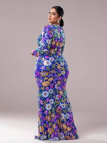 seomiscky Plus Size Long Sleeve Sequined Floral Print Bodycon Evening Gown, Party Dress, Wedding Guest Dress, Formal Dress, Evening Dress