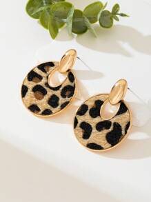 1 pièce paire de boucles d'oreilles rondes en métal imprimé léopard et 1 pièce collier assorti, style européen et américain vintage à la mode, convient pour les boîtes de nuit et les soirées