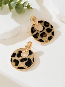 1 pièce paire de boucles d'oreilles rondes en métal imprimé léopard et 1 pièce collier assorti, style européen et américain vintage à la mode, convient pour les boîtes de nuit et les soirées