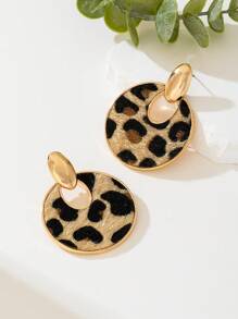 1 pièce paire de boucles d'oreilles rondes en métal imprimé léopard et 1 pièce collier assorti, style européen et américain vintage à la mode, convient pour les boîtes de nuit et les soirées