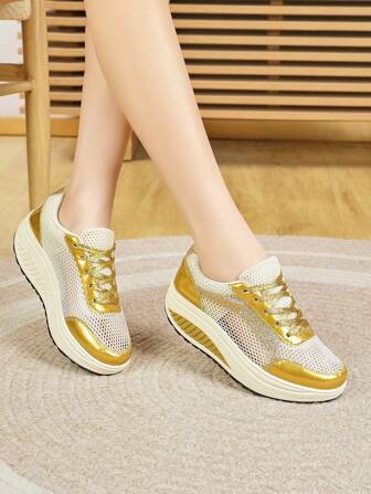 女士透气厚底休闲鞋，时尚百搭舒适防滑系带网眼运动鞋，适合春秋季