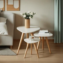 Trio Set Of Living Room Side Tables With Retro Stick Legs And Organic Top Kit Of 3 Units - 白色 - 查看 4