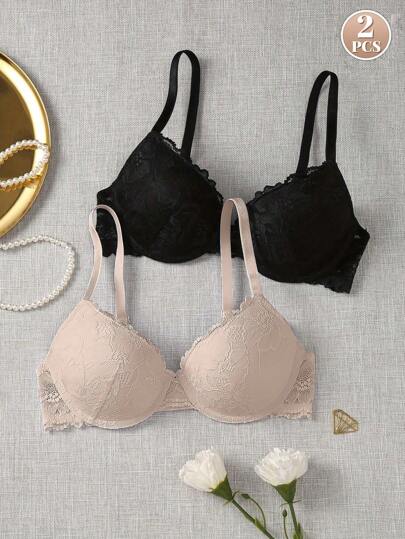 Peach Girl 两件装性感蕾丝女士文胸，舒适钢圈聚拢文胸，黑色、米色和E色可选