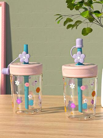 1个450毫升/480毫升儿童吸管杯，学生水壶，清新雏菊图案，防尘防漏防震透明耐用，便携，适合居家、学校、户外使用，最佳礼物