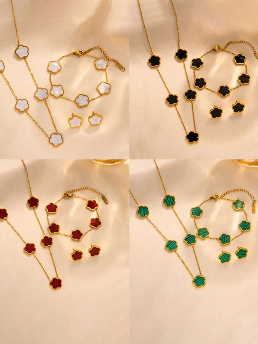 4pcs Stainless Steel 5 Petals Flower Jewelry Set: 1 Necklace + 1 Bracelet + 2 Earrings, Elegant & Fashion For Women Valentines,Mom,Mother,Mother's Day,Gift
